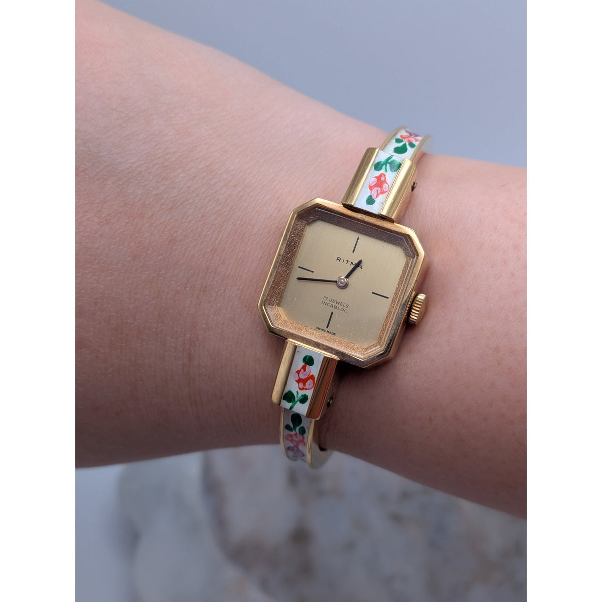 Vintage Ritma MANUAL Gold Tone Bangle Watch White Enamel & Flowers Square Dial