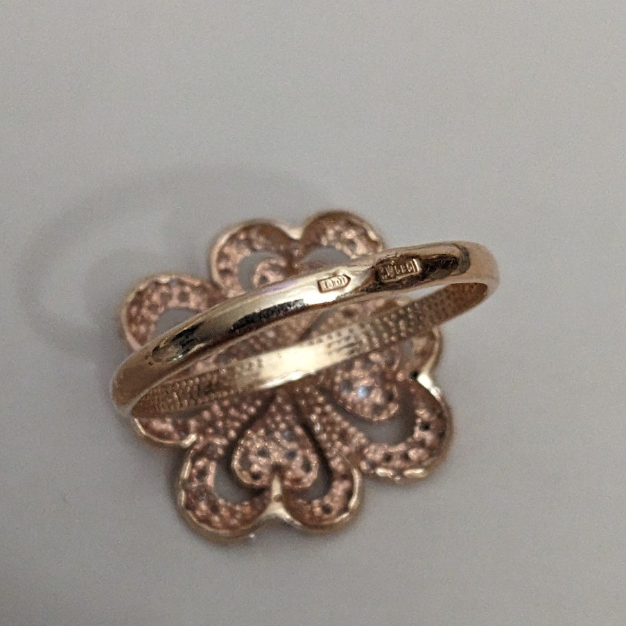 Vintage 14k Rose Gold Faux Pearl White Stone Accent Heart Clover Ring Size 8.25