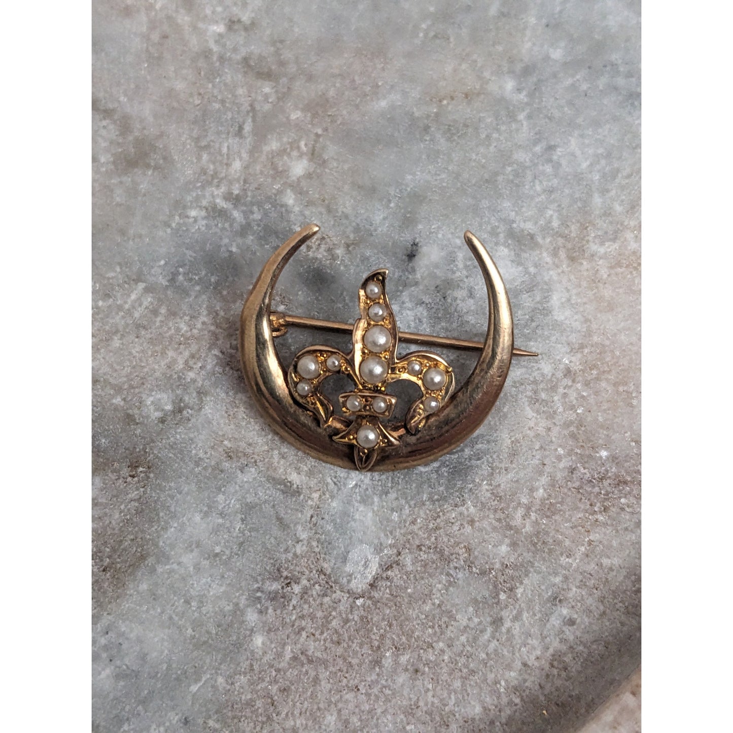 Vintage 14k Yellow Gold Fleur de Lis Seed Pearl on Crescent Moon Brooch