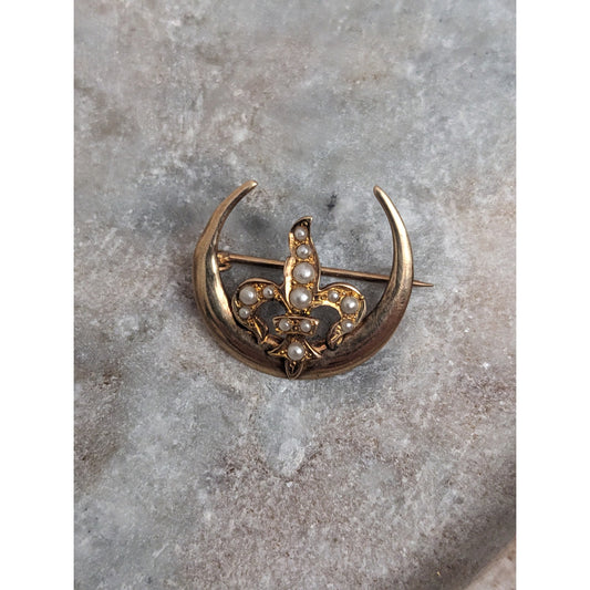 Vintage 14k Yellow Gold Fleur de Lis Seed Pearl on Crescent Moon Brooch