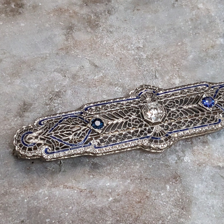 Vintage 14k White Gold Filigree Blue Enamel Diamond and Sapphire Accent Brooch