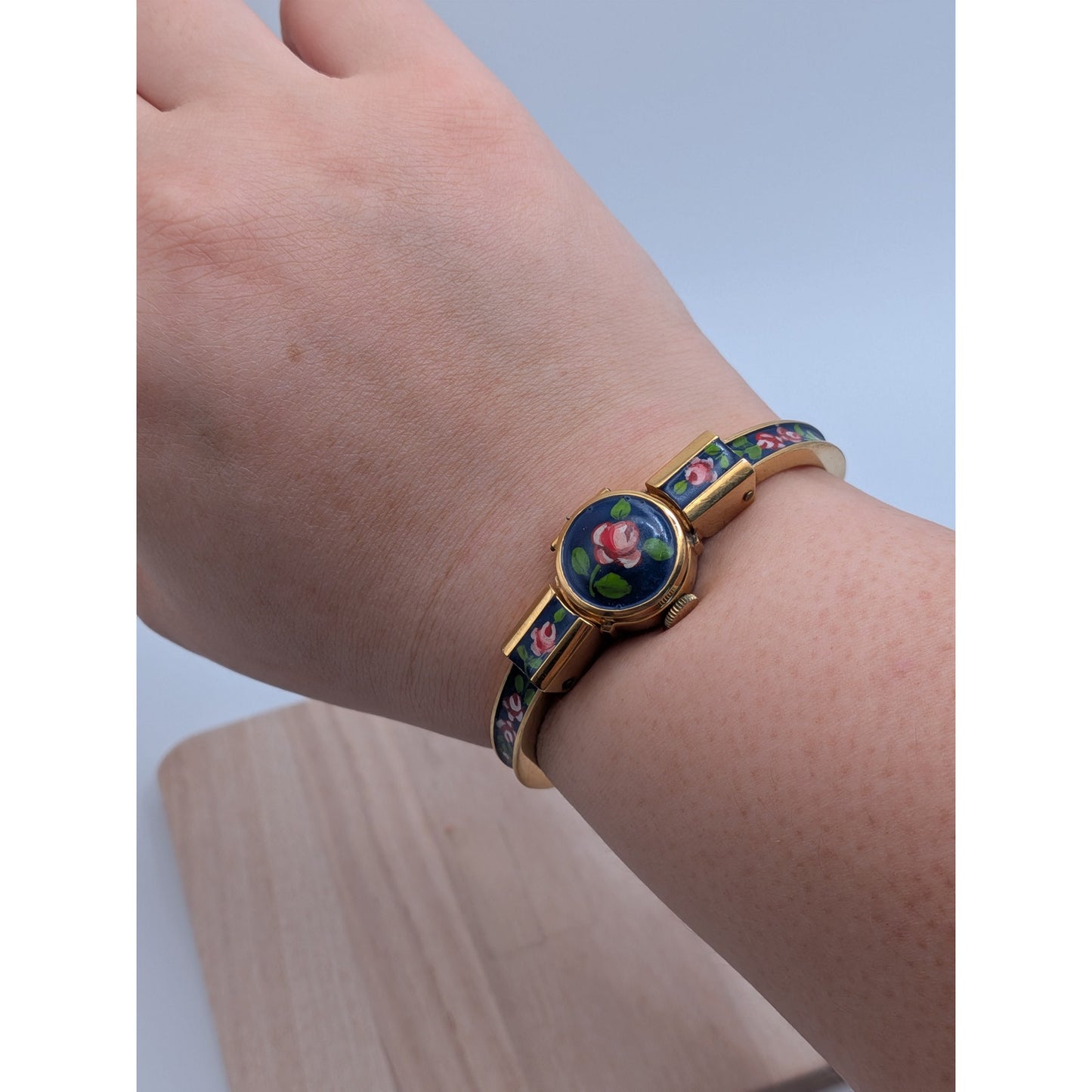 Vintage Catorex Gold Tone Peekaboo Manual Watch Blue Enamel Red Flowers