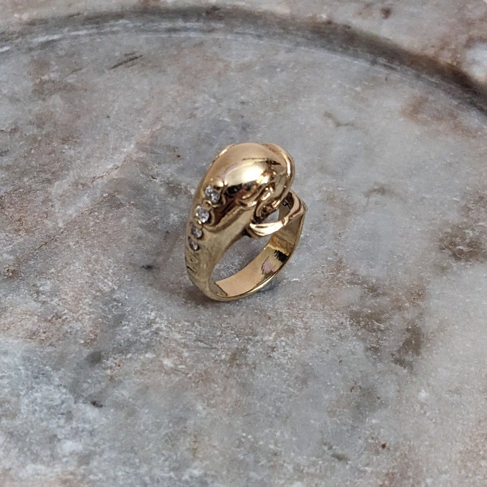 Vintage 10k Yellow Gold Dolphin with Diamond Accent Ring Size 4