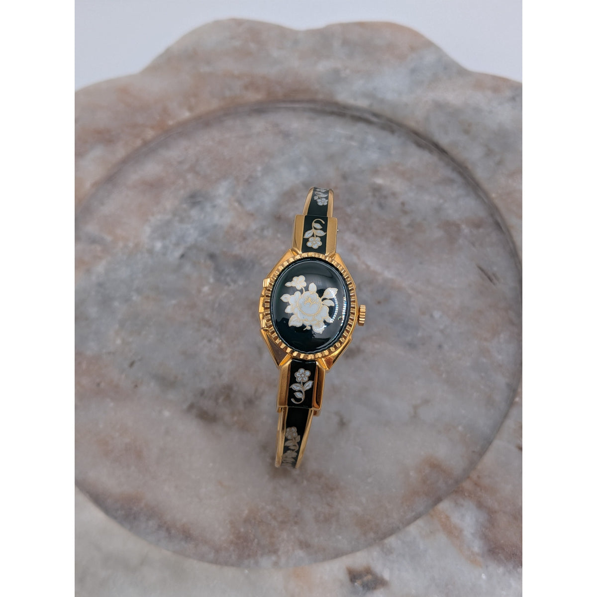 Vintage Andre Mouche Gold Tone Peekaboo Watch Dark Green Enamel White Flowers