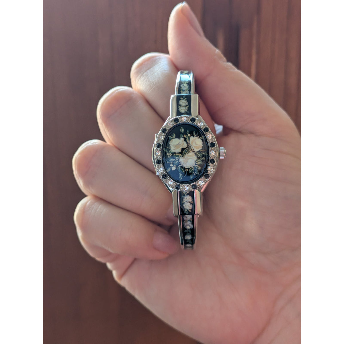 Andre Mouche Silver Tone Bangle Peekaboo Watch Black Enamel White Roses & Stones