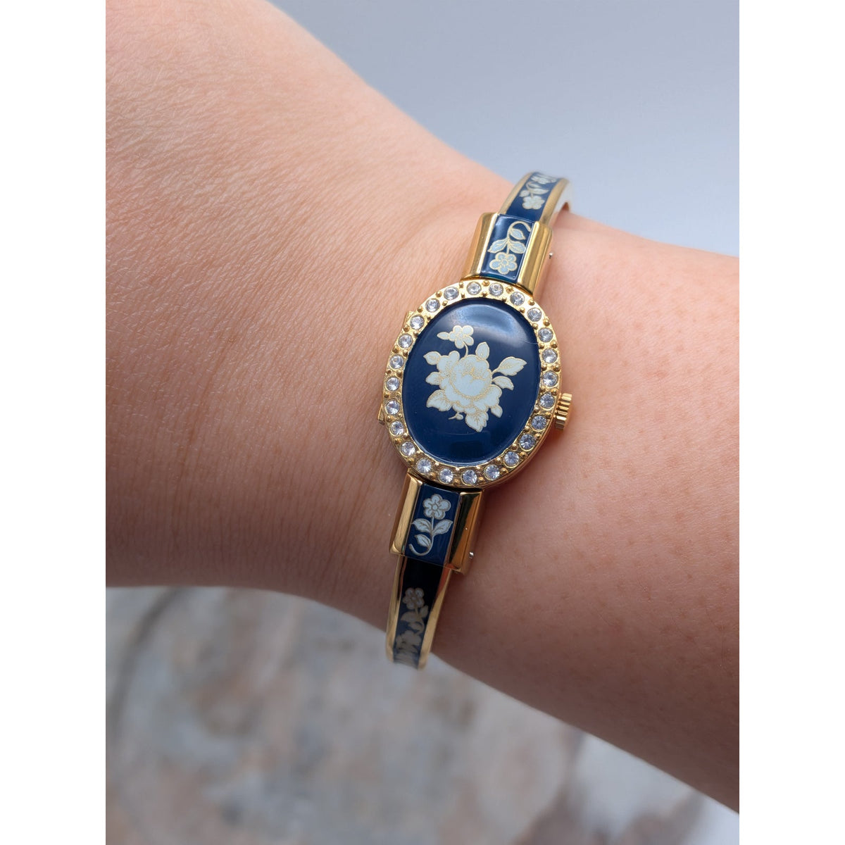 Vintage Andre Mouche Gold Tone Peekaboo Watch Blue Enamel White Flowers in Box