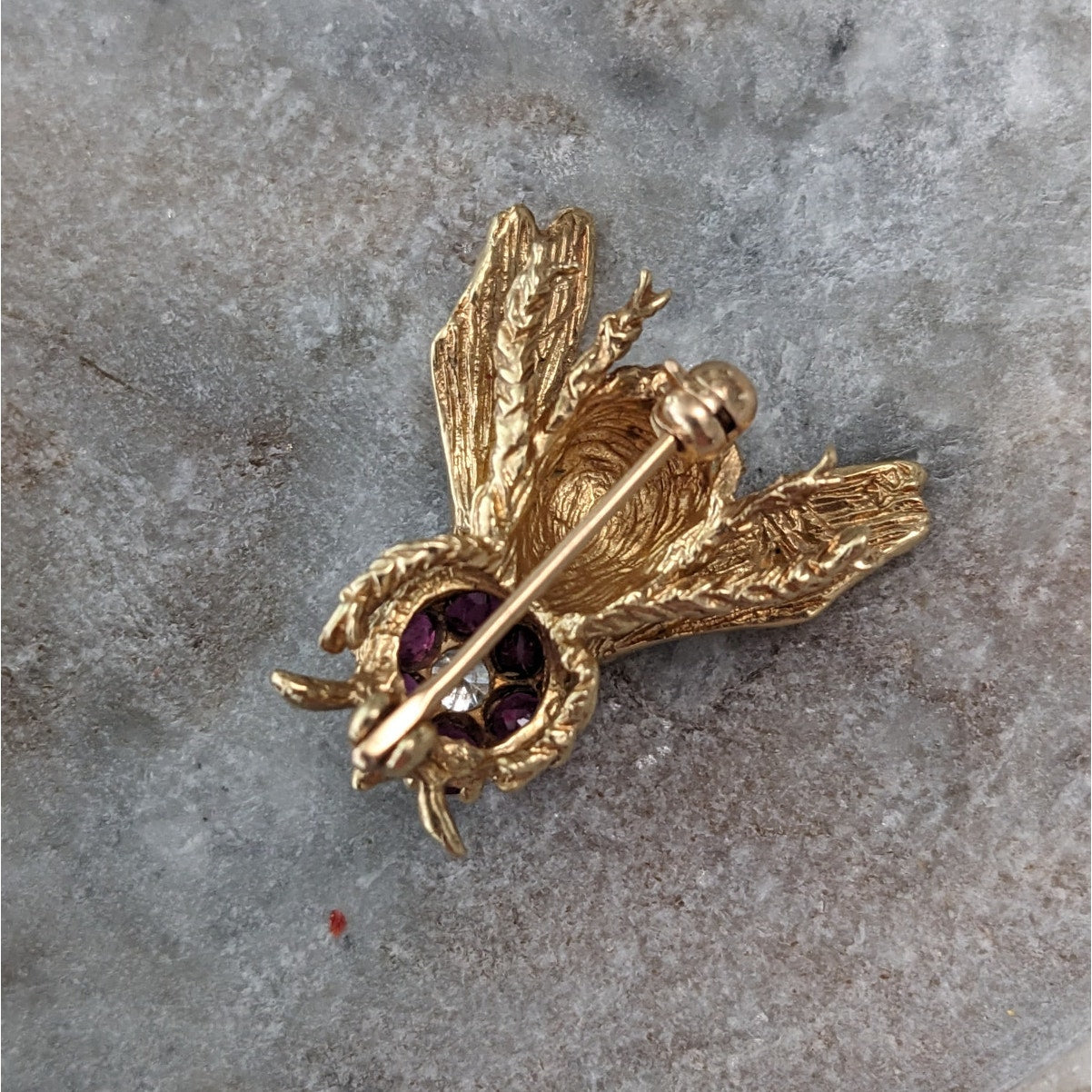 Vintage 14k Yellow Gold Ruby and Diamond Bee Brooch