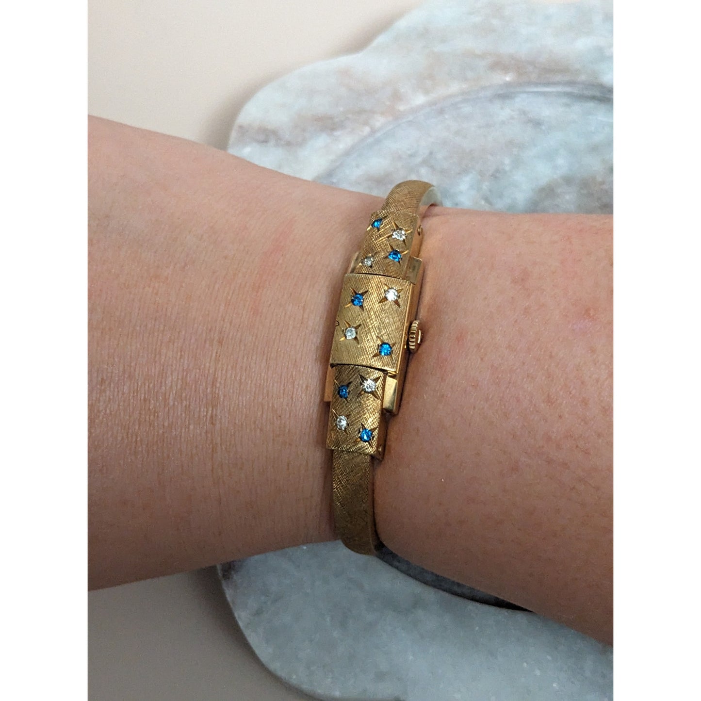 Vintage Andre Mouche Silver Tone Bangle Watch with Blue Floral Enamel Working