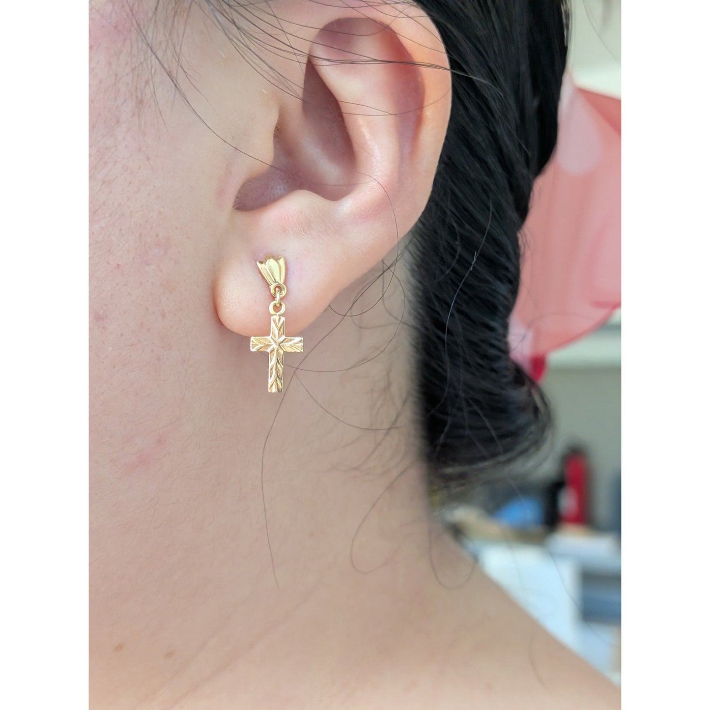 Vintage 14k Yellow Gold Dainty TINY Diamond Cut Cross Charm Earrings