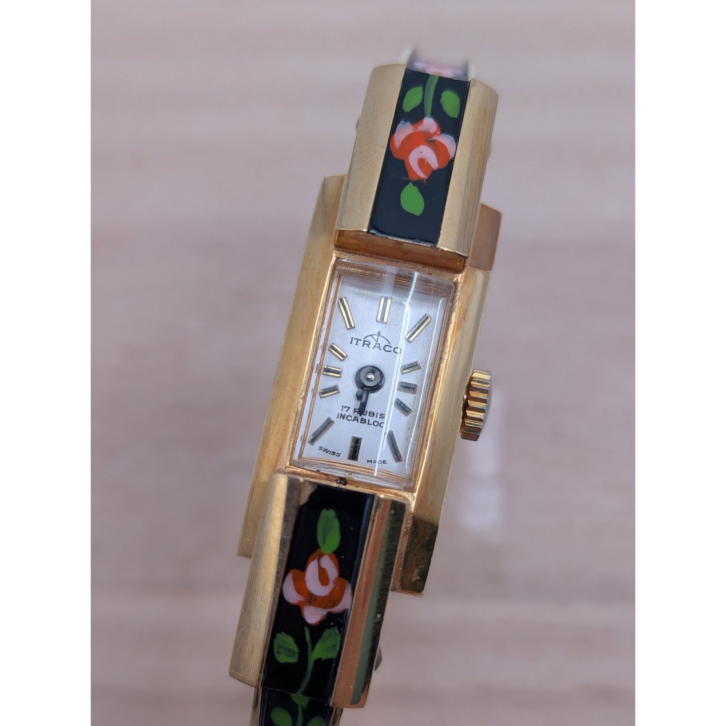 Vintage Itraco Gold Tone Dainty Bangle Watch Black Enamel Pink Purple Flowers