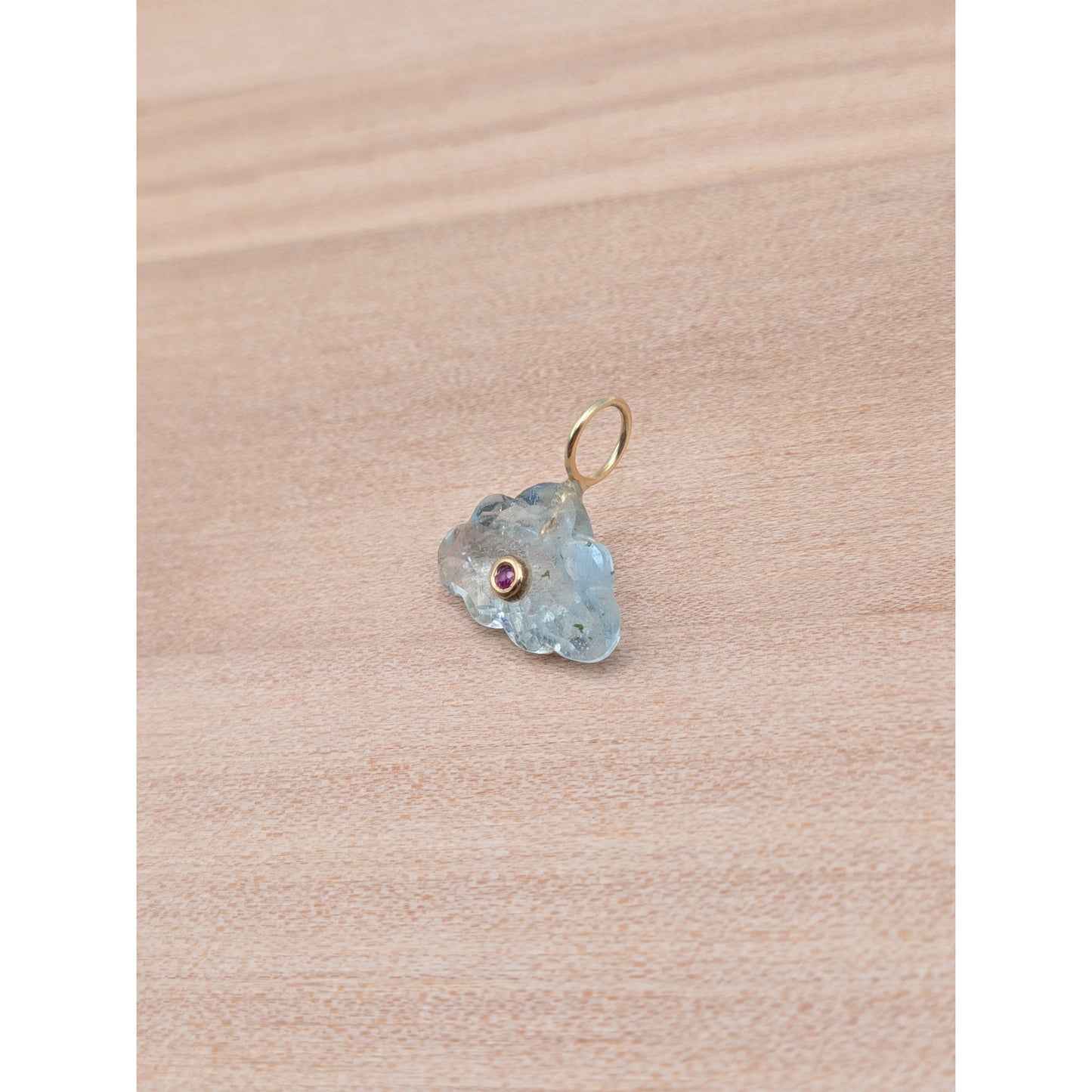 14K Gold Blue Topaz Cloud Pendant Natural Ruby Inlay Carved Gemstone