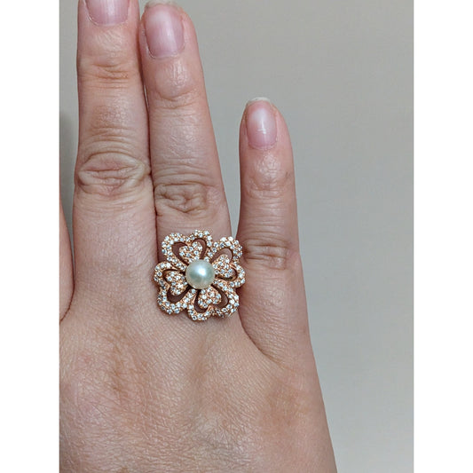 Vintage 14k Rose Gold Faux Pearl White Stone Accent Heart Clover Ring Size 8.25