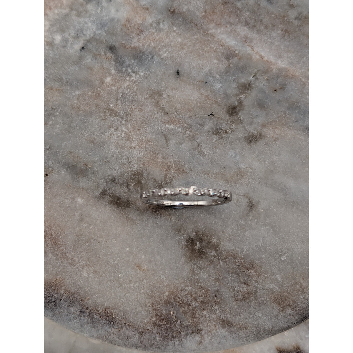 Preowned 10k Solid White Gold Dainty Wave Stacker Ring Size 6.75 Diamond Accents