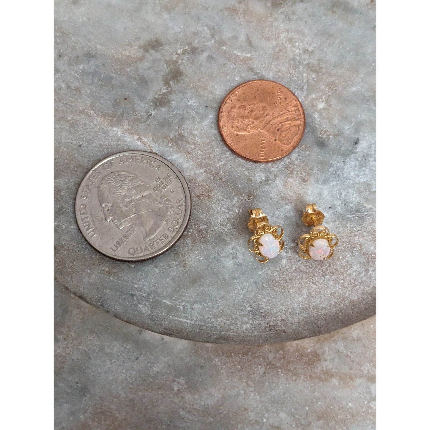 Vintage 14k Yellow Gold Dainty Flower with Opal Center Stud Earrings