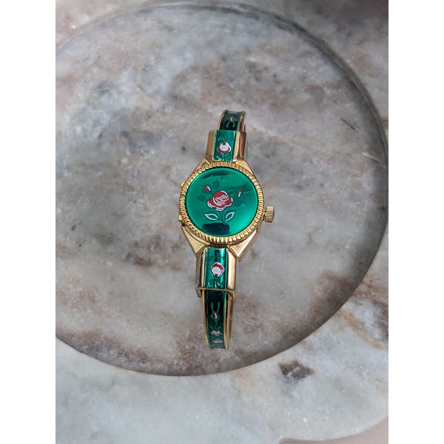 Vintage Andre Mouche Silver Tone Bangle Watch with Blue Floral Enamel Working