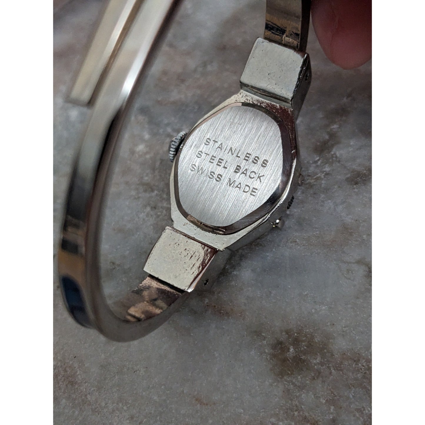 Vintage Andre Mouche Silver Tone Bangle Watch with Blue Floral Enamel Working