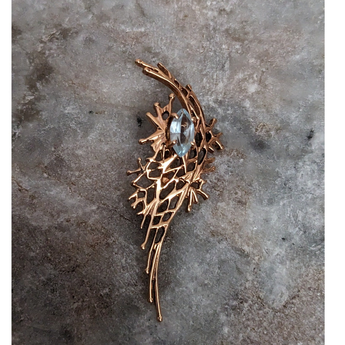 Vintage 14K Gold Modernist Brutalist Pendant with Light Blue Gem