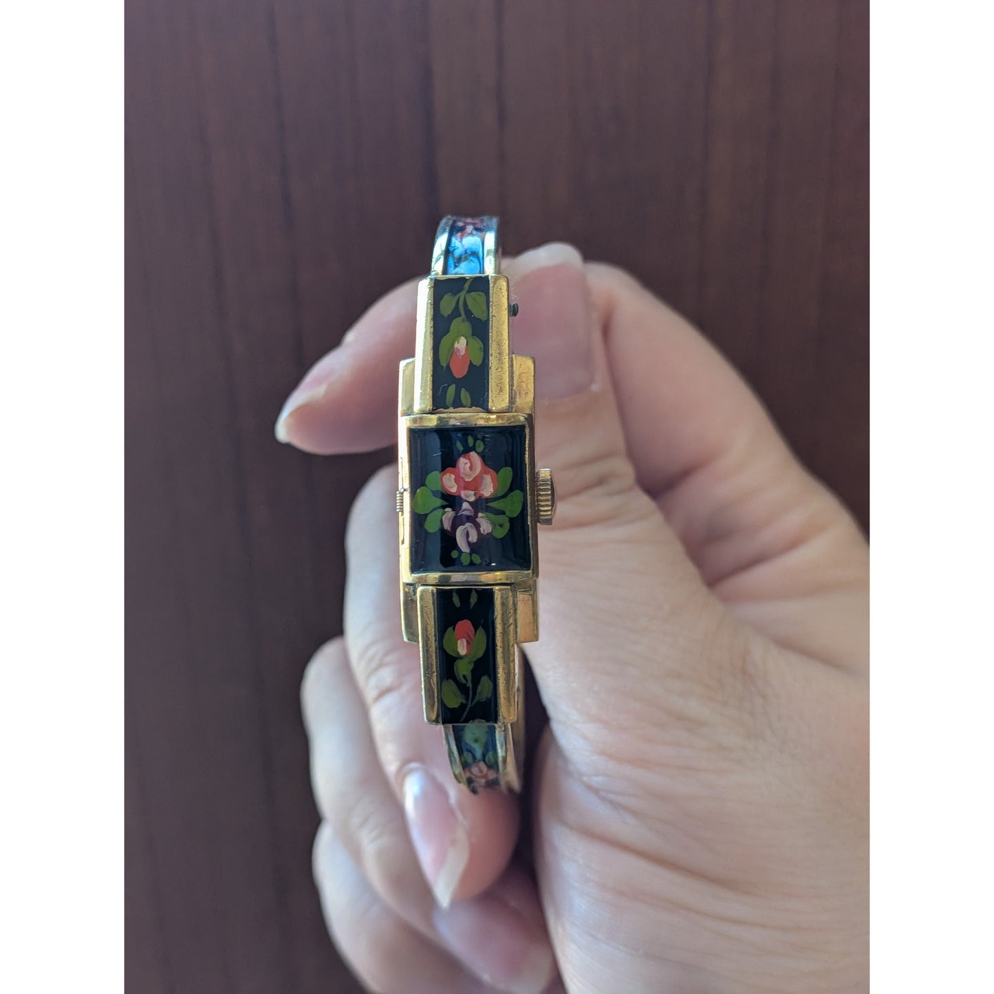 Vintage Ritma Gold Tone Peekaboo Watch Black Enamel Pink Purple Flowers