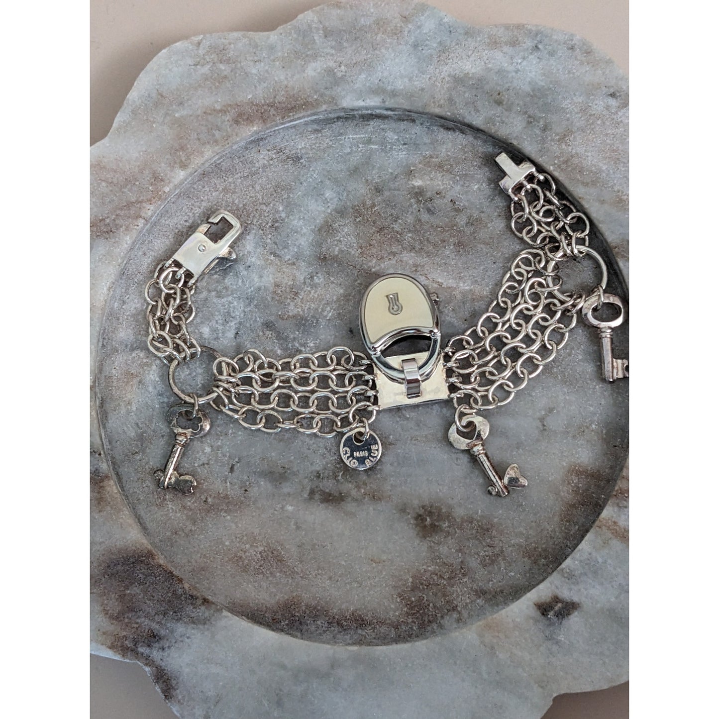 Vintage Andre Mouche Silver Tone Bangle Watch with Blue Floral Enamel Working