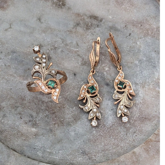Vintage 1990s 14k Gold USSR Ring Size 9 & Earring Lab Emerald Natural Diamonds