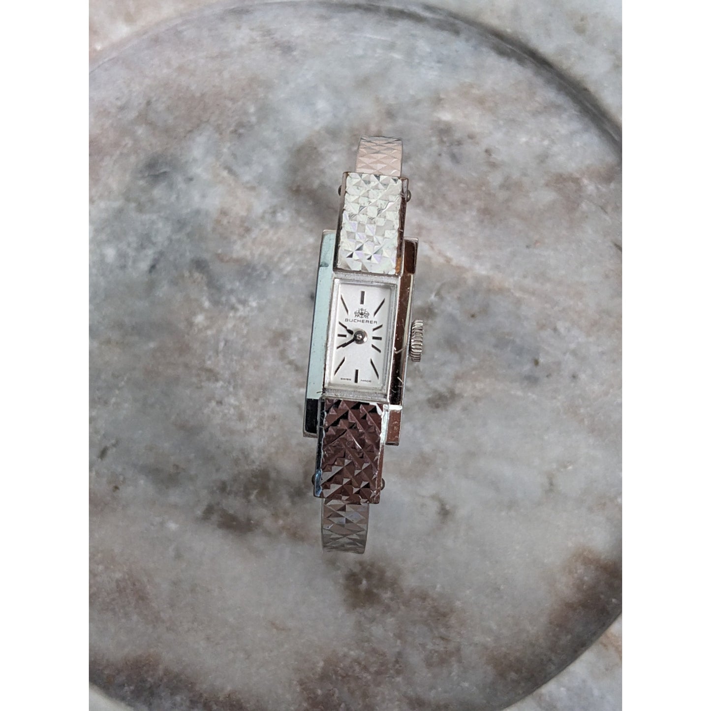 Vintage Andre Mouche Silver Tone Bangle Watch with Blue Floral Enamel Working