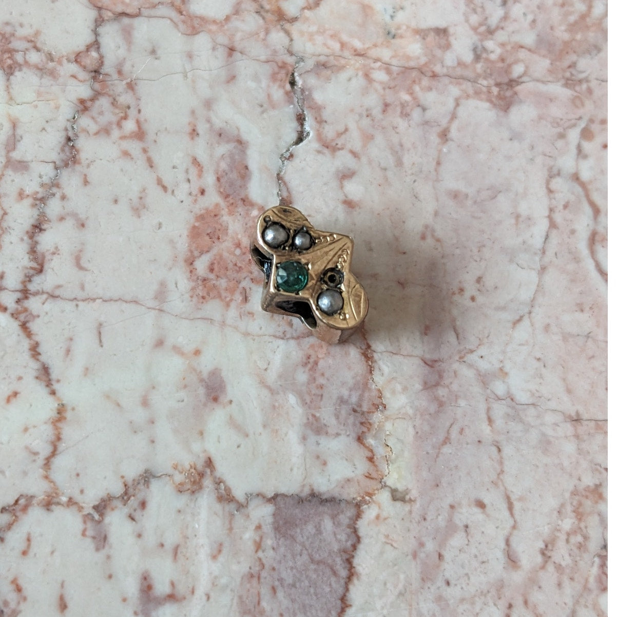 FLAW Vintage Gold Filled Slider Charm with White and Green Stone (1 missing)