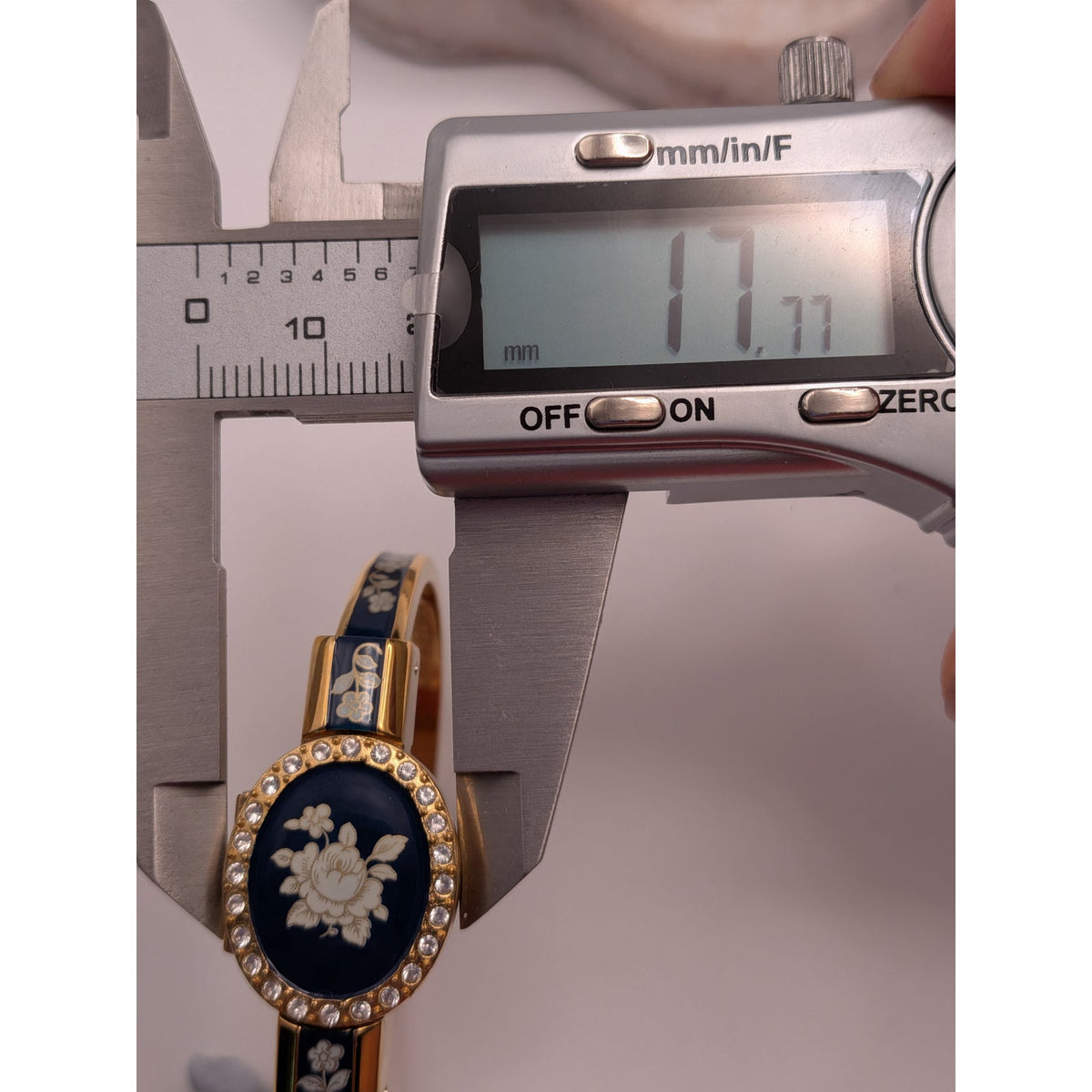 Vintage Andre Mouche Gold Tone Peekaboo Watch Blue Enamel White Flowers in Box