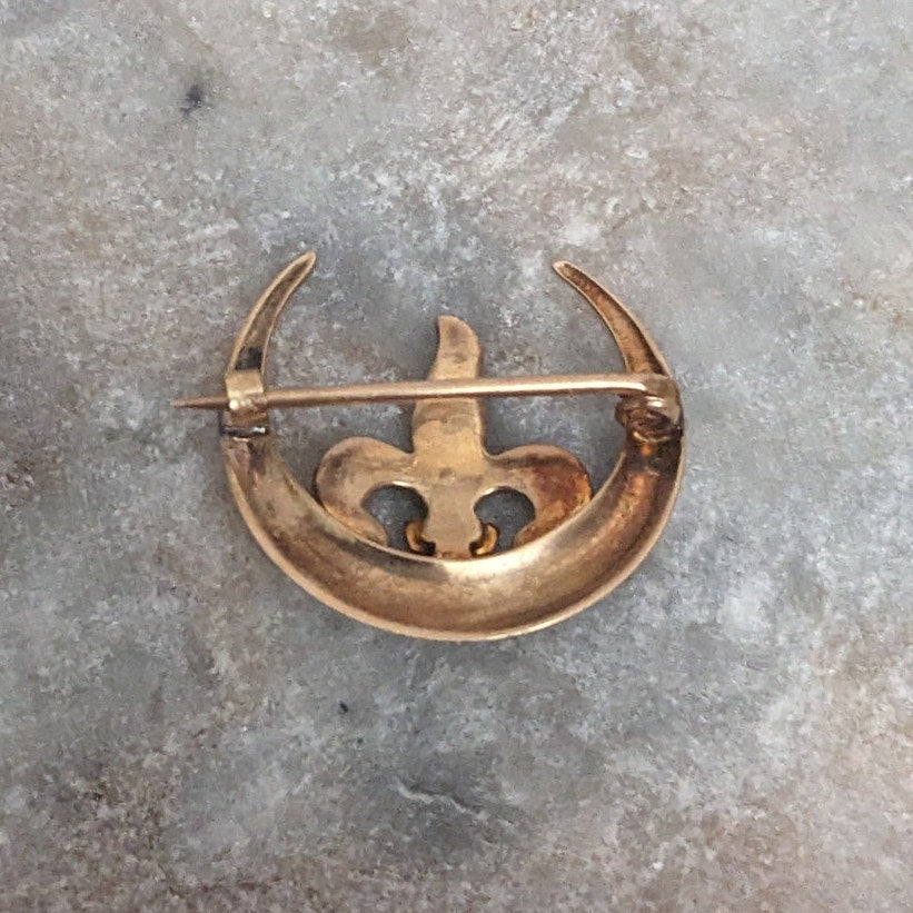 Vintage 14k Yellow Gold Fleur de Lis Seed Pearl on Crescent Moon Brooch