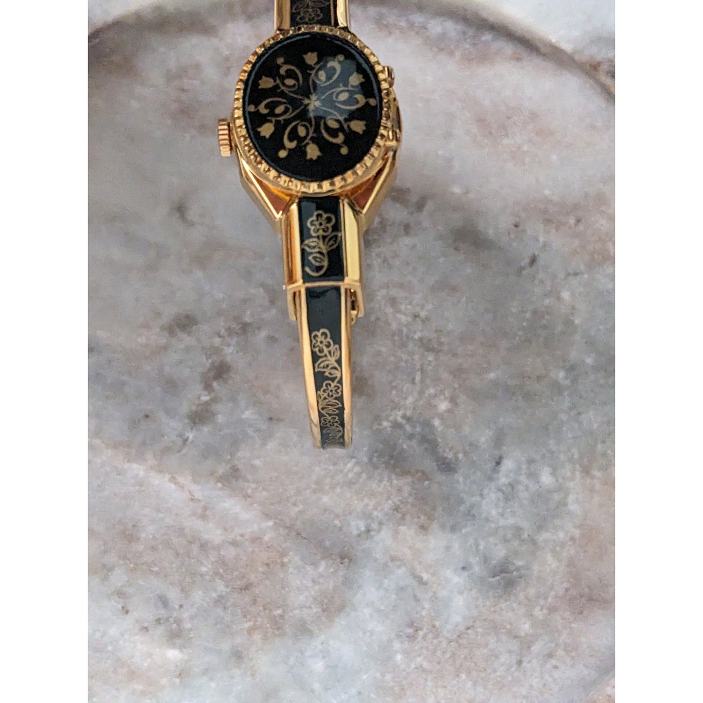 Vintage Andre Mouche Silver Tone Bangle Watch with Blue Floral Enamel Working