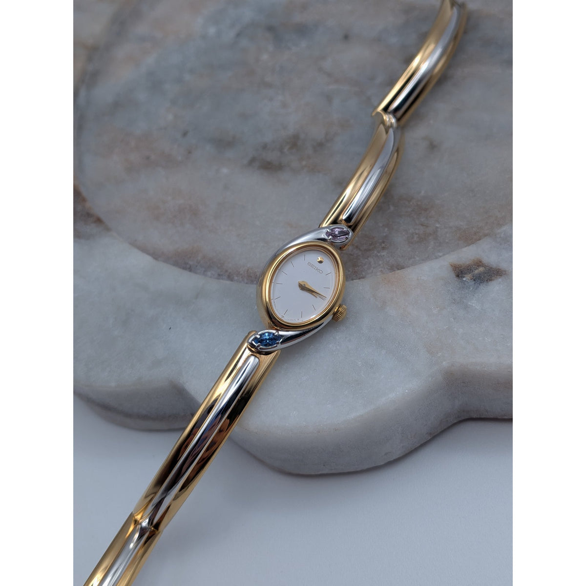 Vintage 1990s Seiko Two Tone Bangle Quartz Watch Dainty Dial Pink and Blue Stone