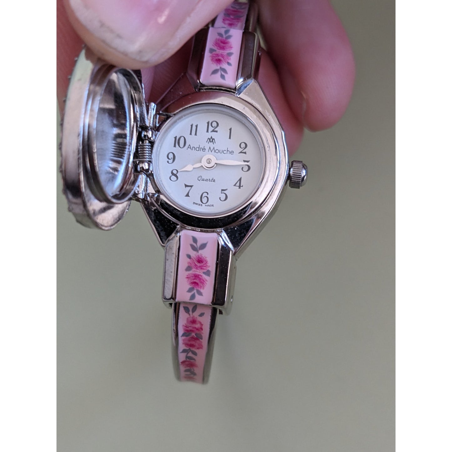 Vintage Andre Mouche Silver Tone Peek A Boo Bangle Watch, Pink Enamel Floral