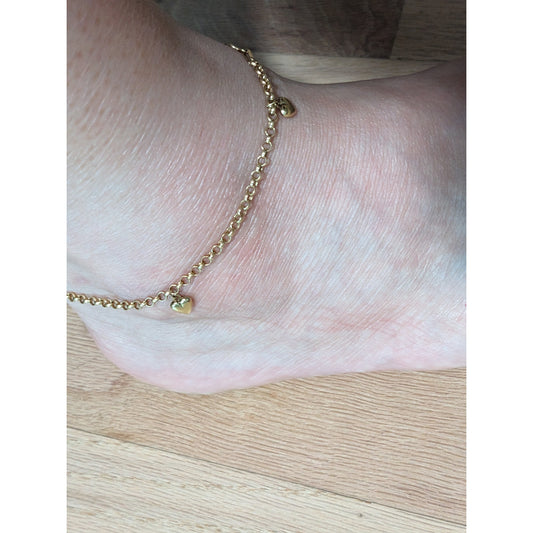 Estate 14K Yellow Gold Italy with 4 Heart Charms Ankle Bracelet 9in