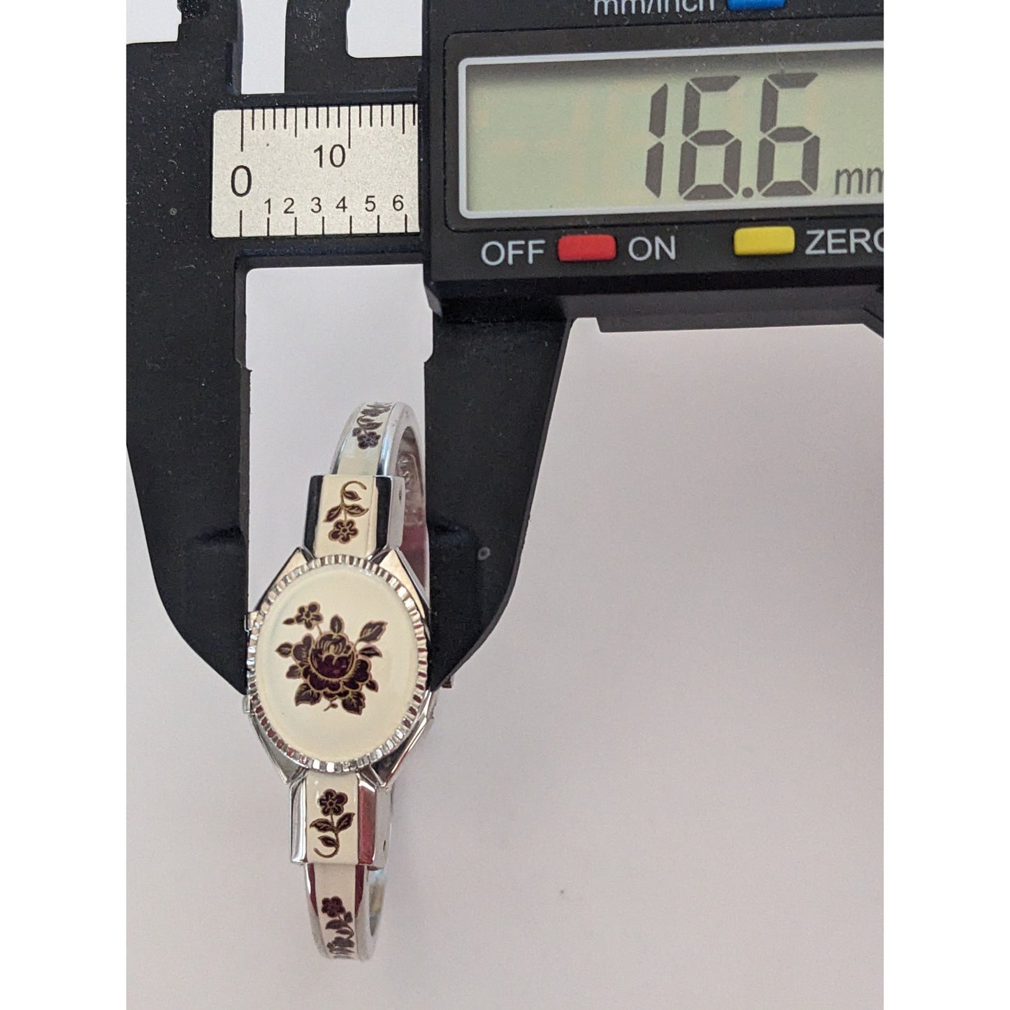 Vintage Andre Mouche Silver Tone Bangle Watch White Enamel Deep Red Flowers