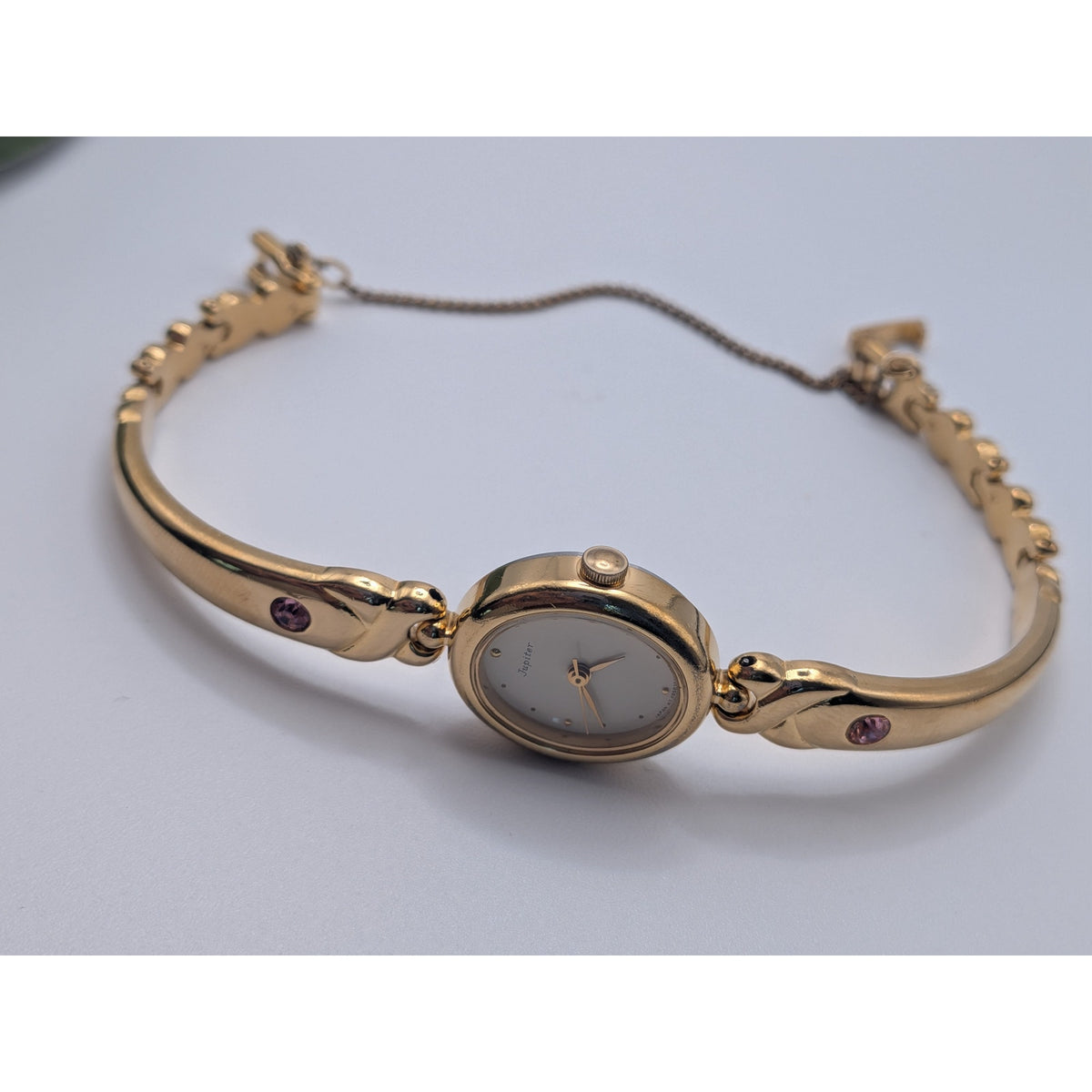 Vintage Orient Jupiter Quartz Gold Tone Watch with Pink Stones and Heart Links