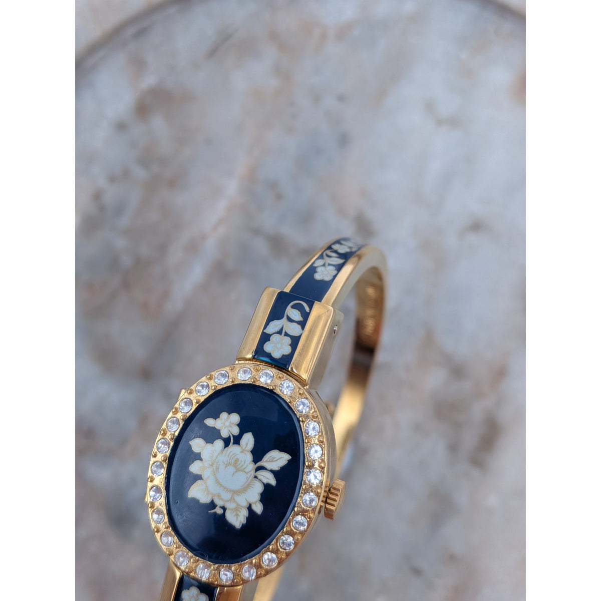Vintage Andre Mouche Gold Tone Peekaboo Watch Blue Enamel White Flowers in Box