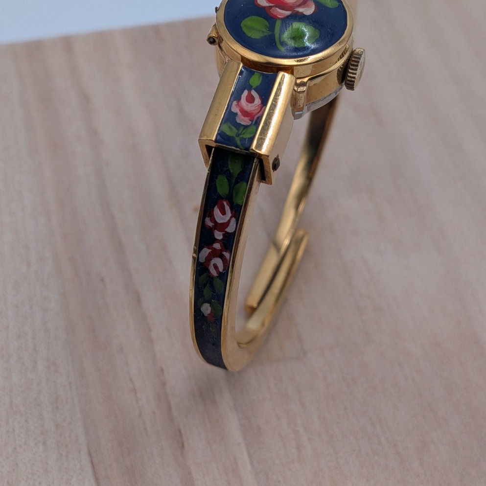 Vintage Catorex Gold Tone Peekaboo Manual Watch Blue Enamel Red Flowers