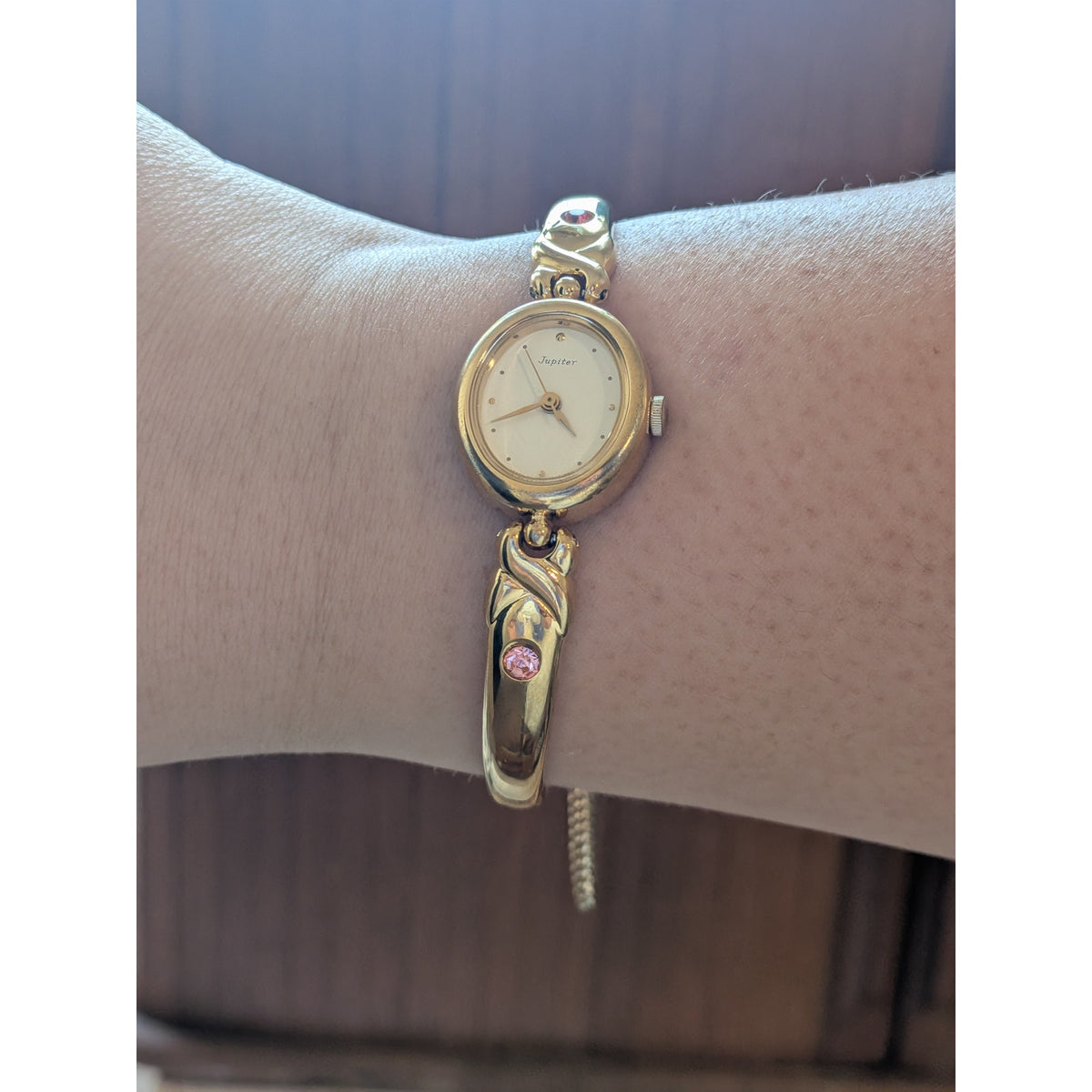 Vintage Orient Jupiter Quartz Gold Tone Watch with Pink Stones and Heart Links
