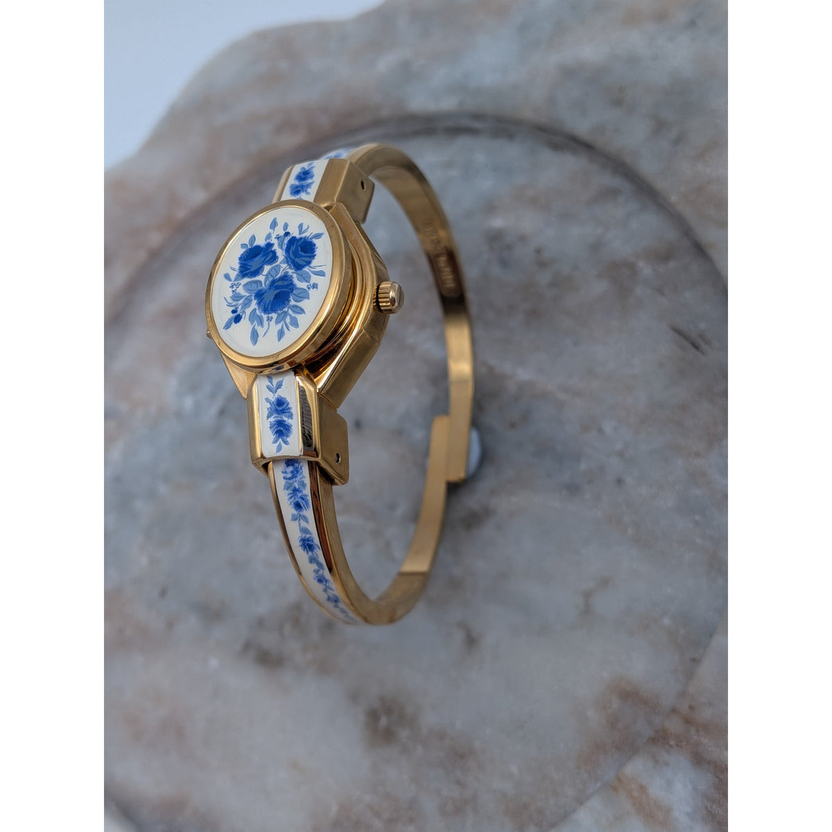 Andre Mouche Gold Tone Bangle Peekaboo Watch White Enamel Deep Blue Flowers