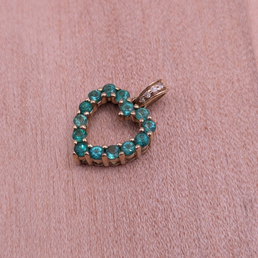 Estate 10k Yellow Gold Green and White Stone Mini Heart Pendant