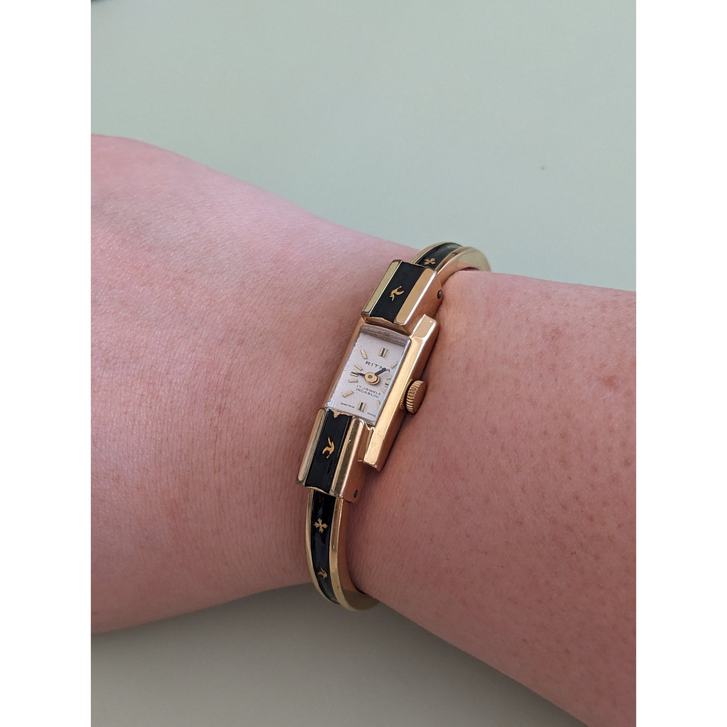 Vintage Ritma Manual Gold Tone Bangle Watch Black Enamel and Birds