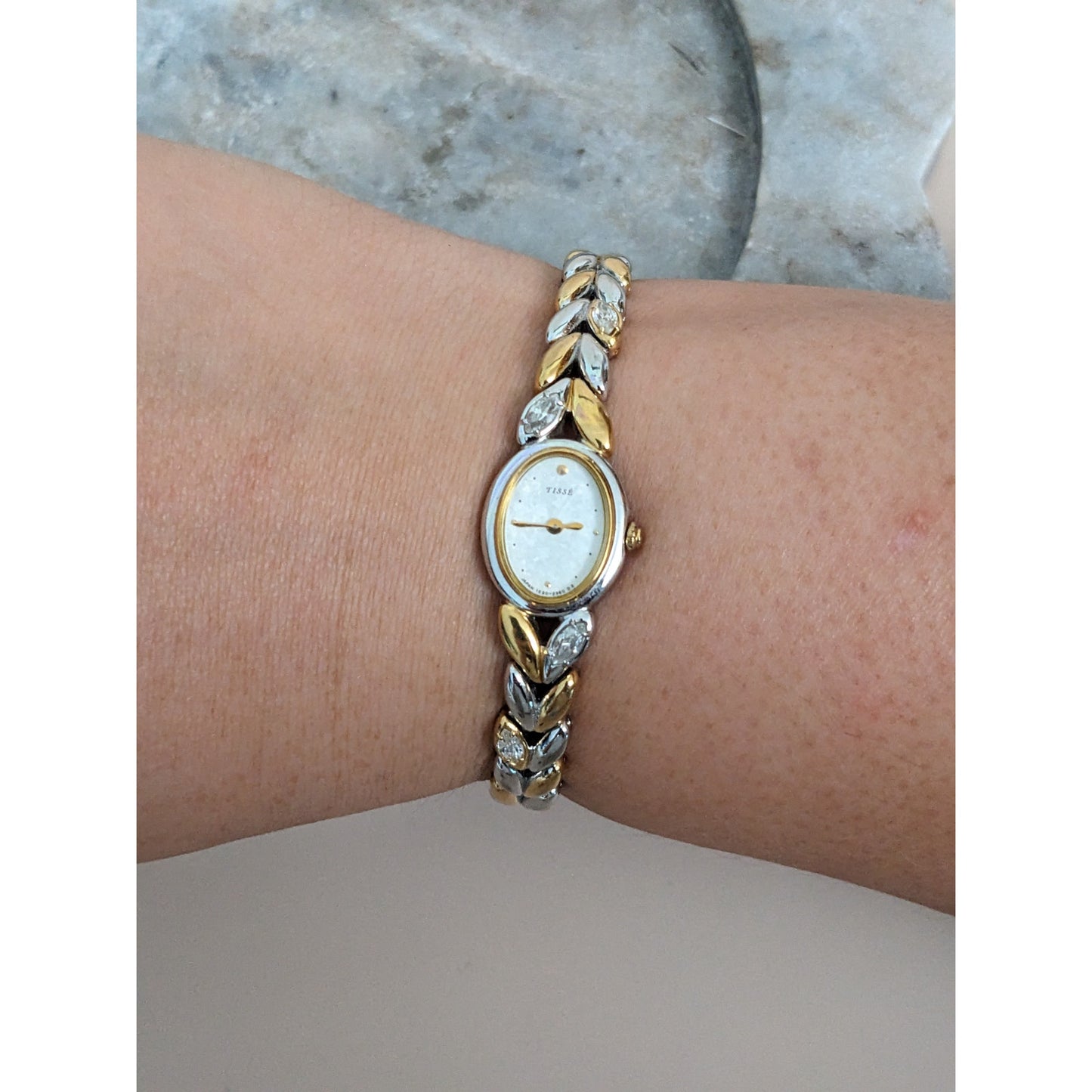 Vintage Andre Mouche Silver Tone Bangle Watch with Blue Floral Enamel Working