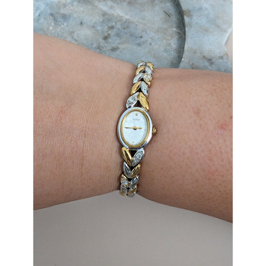 Vintage Andre Mouche Silver Tone Bangle Watch with Blue Floral Enamel Working