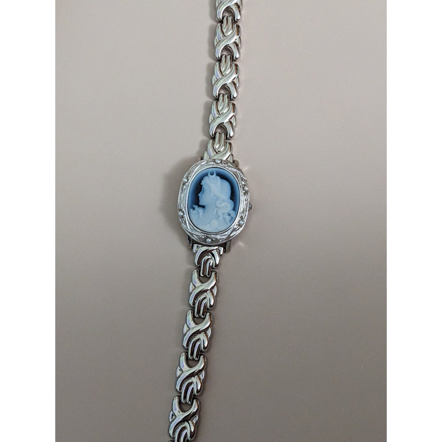 Vintage Andre Mouche Silver Tone Bangle Watch with Blue Floral Enamel Working