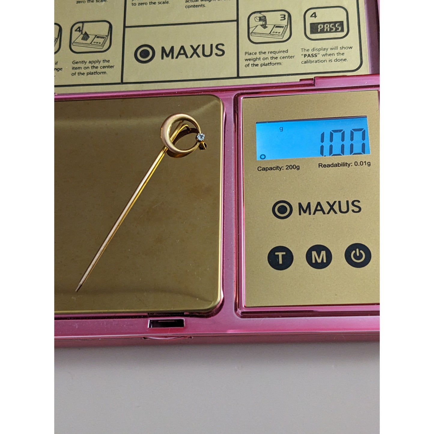 Antique Unmarked 12k Yellow Gold White Gem Crescent Moon Stick Pin