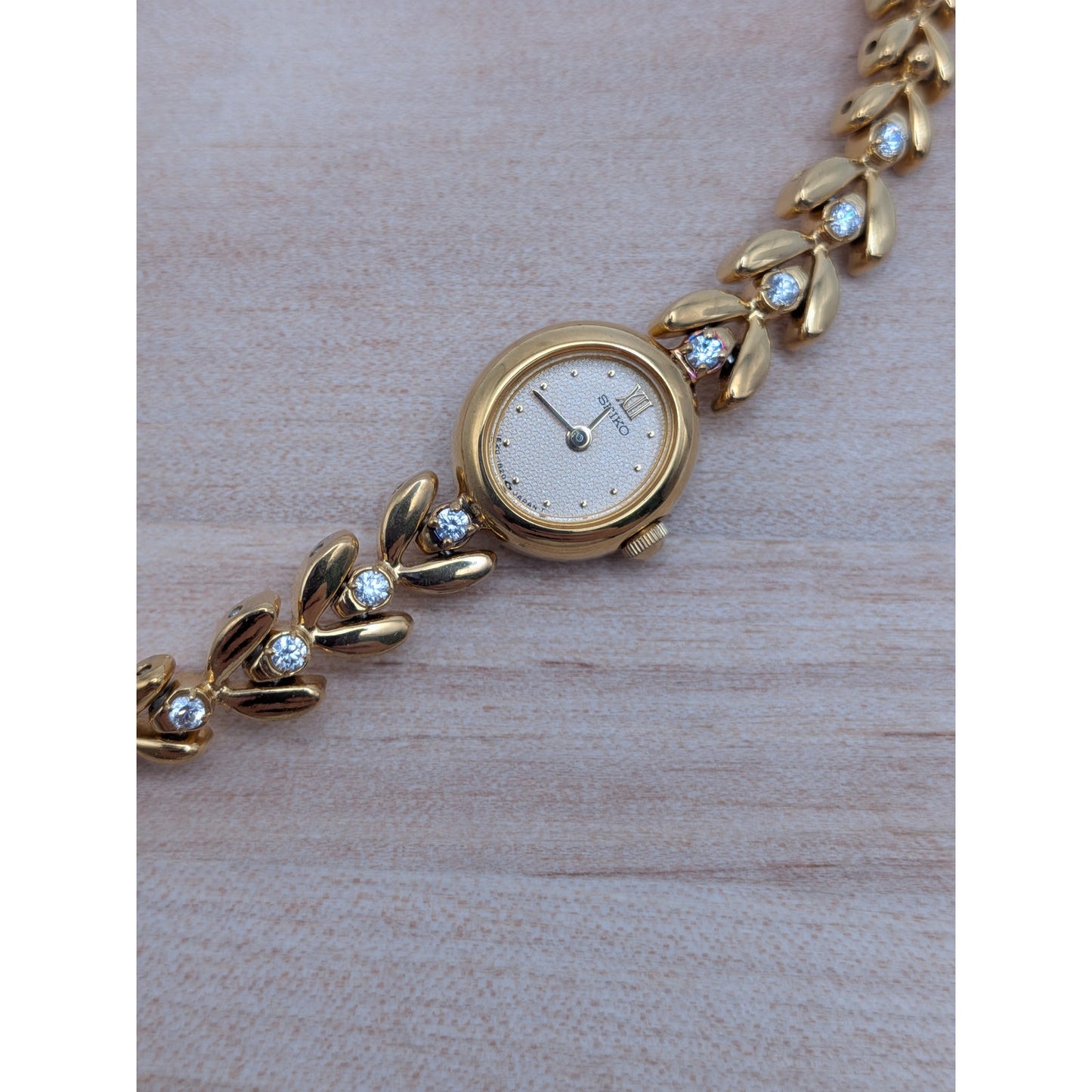 Vintage Seiko Gold Tone Quartz Watch Dainty Dial and White Stones