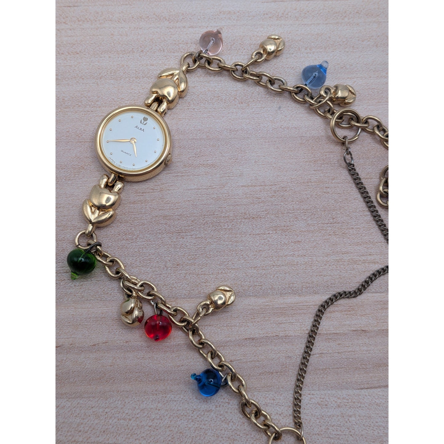 Vintage Modified Seiko Alba Gold Watch Flowers & Glass Drop Beads Charms