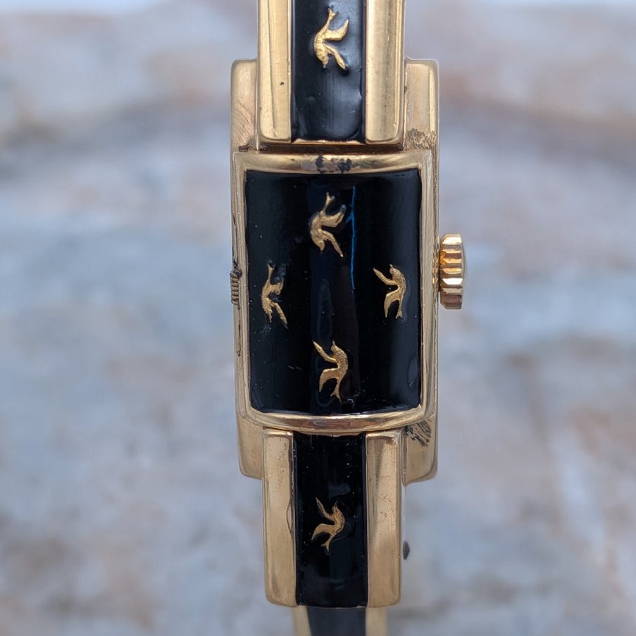 Vintage Chandler MANUAL Gold Tone Peekaboo Watch Gold Bird & Flower Accents