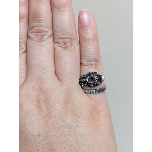 Vintage 925 Sterling Silver and 22k Gold Accent Dragon Amethyst Ring Size 6