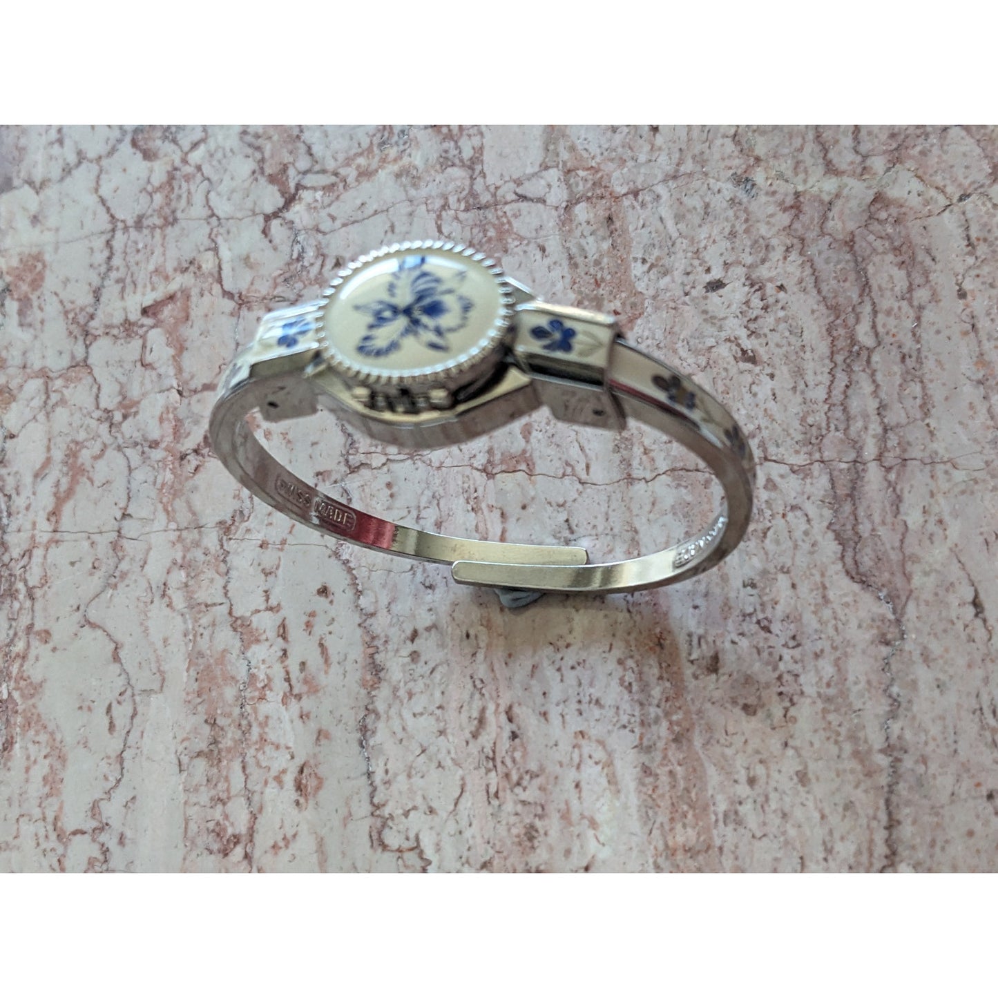 Vintage Andre Mouche Silver Tone Bangle Watch White Enamel Blue Florals