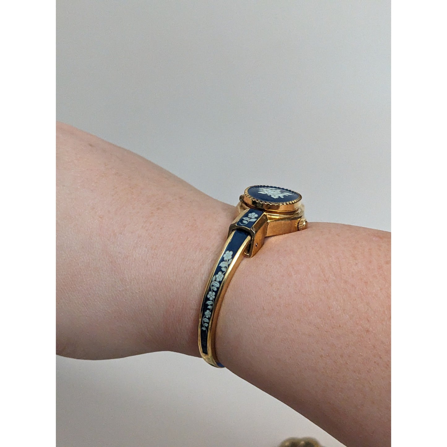 Vintage Andre Mouche Gold Tone Bangle Watch with Deep Blue Floral Enamel Working